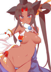 Rule 34 | 1girl, bad id, bad pixiv id, bare shoulders, black hair, blue eyes, blush, breasts, cleavage, dark skin, dark-skinned female, detached sleeves, covered erect nipples, fate/grand order, fate (series), hand on own hip, hat, long hair, looking at viewer, medium breasts, navel, revealing clothes, sidelocks, simple background, sketch, solo, ushiwakamaru (fate), very long hair, white background, yostxxx