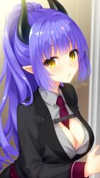 Rule 34 | 1girl, between breasts, black suit, blue hair, blunt bangs, blurry, blurry background, blush, breasts, cleavage, commentary request, demon girl, demon horns, dress shirt, expressionless, eyelashes, formal, grey shirt, highres, horns, indoors, irori (irorixc), kohibari kurumi, large breasts, long hair, long sleeves, looking at viewer, necktie, necktie between breasts, official alternate costume, official alternate hairstyle, parted lips, pointy ears, ponytail, red necktie, shirt, sley (tenshi souzou re-boot!), solo, suit, tenshi souzou re-boot!, twitter username, upper body, very long hair, wavy hair, yellow eyes