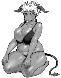 Rule 34 | 1girl, belly, black sclera, breasts, colored sclera, dark skin, demon girl, demon horns, demon tail, earrings, elf-san wa yaserarenai., goat eyes, goat horns, highres, horns, jewelry, large breasts, monochrome, navel, pentagram, plump, pointy ears, satero (elf-san wa yaserarenai.), satyr, short hair, sweat, synecdoche, tail, thick thighs, thighs, white background