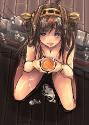 Rule 34 | 10s, 1girl, absurdres, blush, breasts, brown hair, cum, cum on floor, cumdrip, facial, female focus, heart, heart-shaped pupils, highres, holding, indoors, kantai collection, kongou (kancolle), long hair, looking up, motida, nude, open mouth, purple eyes, sitting, solo, symbol-shaped pupils, tea