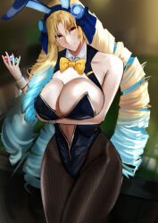 Rule 34 | 1girl, animal ears, astraea (fate), bare shoulders, black leotard, blonde hair, blue hair, blue ribbon, blush, breasts, cleavage, detached collar, drill hair, fake animal ears, fate/grand order, fate (series), fishnet pantyhose, fishnets, flower, gem, gradient hair, hair flower, hair ornament, hair ribbon, highleg, highleg leotard, jikihatiman, large breasts, leotard, long hair, looking at viewer, multicolored hair, pantyhose, parted bangs, playboy bunny, quad drills, rabbit ears, ribbon, smile, solo, thighs, very long hair, wrist cuffs, yellow eyes