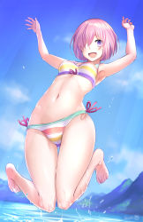 Rule 34 | 1girl, barefoot, bikini, blue sky, bosshi, cloud, fate/grand order, fate (series), hair over one eye, highres, jumping, looking at viewer, mash kyrielight, mash kyrielight (swimsuit of perpetual summer ver.02), navel, official alternate costume, purple eyes, purple hair, short hair, side-tie bikini bottom, sky, smile, solo, striped bikini, striped clothes, swimsuit, thigh gap