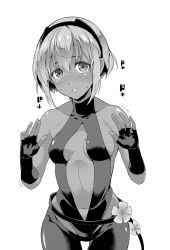 Rule 34 | 1girl, absurdres, black leotard, blush, center opening, cowboy shot, dark-skinned female, dark skin, fate/prototype, fate/prototype: fragments of blue and silver, fate (series), fingerless gloves, full-face blush, gloves, greyscale, hair between eyes, hands up, hassan of serenity (fate), highres, hip focus, leotard, looking at viewer, monochrome, navel, parted lips, short hair, simple background, soba (saz), solo, sweat