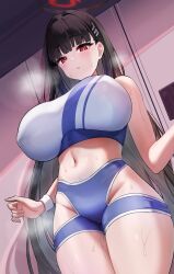 Rule 34 | 1girl, absurdres, alternate costume, black hair, blue archive, blush, breasts, dishui tangni, from below, groin, highres, hip vent, huge breasts, locker, locker room, looking down, navel, red eyes, rio (blue archive), solo, sports bra, steaming body, stomach, sweat, two-tone sports bra, wristband