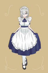 Rule 34 | 1girl, absurdres, alternate costume, apron, blue dress, blue eyes, ceroliz, commentary request, curtsey, dress, enmaided, frilled apron, frills, full body, hair ornament, hair over one eye, hairclip, hamakaze (kancolle), highres, kantai collection, looking at viewer, maid, maid headdress, mary janes, shoes, short hair, silver hair, skirt hold, socks, solo, standing, white apron, white socks