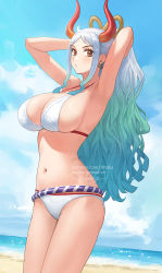 Rule 34 | 1girl, aqua hair, armpits, arms behind head, arms up, artist name, beach, bikini, blue sky, blush, breasts, brown eyes, cleavage, cloud, cowboy shot, day, earrings, highres, hoop earrings, horizon, horns, jewelry, large breasts, long hair, looking at viewer, navel, nhaliz, ocean, one piece, outdoors, parted lips, ponytail, sidelocks, signature, silver hair, sky, solo, stomach, strap gap, swimsuit, thighs, very long hair, watermark, wavy hair, web address, white bikini, yamato (one piece)