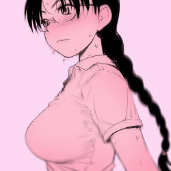 Rule 34 | 1girl, blush, braid, breasts, commentary request, glasses, hoshina tomoko, large breasts, limited palette, sakaki imasato, simple background, solo, sweat, to heart, to heart (series), upper body, wet, wet clothes