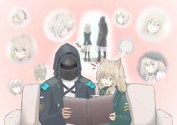 Rule 34 | 1boy, 1girl, absurdres, animal ears, arknights, arms behind back, boots, brown hair, coat, couch, doctor (arknights), fox ears, fox girl, fox tail, green eyes, hands in pockets, highres, hood, jacket, kuruzusu, laughing, long hair, open mouth, podenco (arknights), scrapbook, sitting, smile, standing, tail