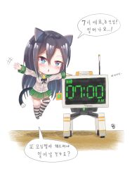Rule 34 | +++, 1girl, alarm clock, animal ears, asymmetrical legwear, battery indicator, black bow, black bowtie, black hair, black socks, black thighhighs, blue eyes, blush, bow, bowtie, cat ears, cat tail, chestnut mouth, chibi, clock, collar, commentary request, digital clock, fairy (girls&#039; frontline), floating, full body, girls&#039; frontline, green sailor collar, green skirt, hair between eyes, hand rest, highres, kneehighs, korean commentary, korean text, long hair, long sleeves, looking at viewer, mini person, minigirl, miniskirt, no shoes, obsi, open mouth, partial commentary, pleated skirt, sailor collar, school uniform, shirt, simple background, single kneehigh, single sock, single thighhigh, skirt, socks, solo, striped clothes, striped thighhighs, tail, taunt fairy (girls&#039; frontline), thighhighs, timestamp, training drone (girls&#039; frontline), translation request, uneven legwear, waving, wet, wet clothes, white background, white collar, white shirt, white socks, white thighhighs