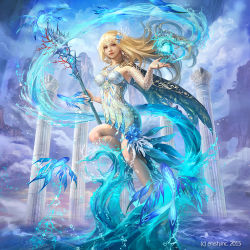 Rule 34 | 1girl, bahamut crisis, black cape, blonde hair, breasts, cape, cloud, column, coral, day, dress, earrings, eudia (serenity2200), fish, flying fish, full body, holding, holding staff, jewelry, long hair, looking at viewer, medium breasts, outdoors, pillar, solo, staff, standing, water, watermark, white dress