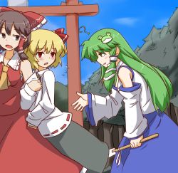 Rule 34 | 3girls, ?, arm hug, ascot, blonde hair, blue sky, blush, bow, brown eyes, brown hair, day, detached sleeves, female focus, flying sweatdrops, forest, frog hair ornament, gohei, green eyes, green hair, hair bow, hair ornament, hair ribbon, hair tubes, hakurei reimu, hihachi, kochiya sanae, locked arms, long hair, multiple girls, nature, open mouth, outstretched hand, red eyes, ribbon, rumia, shirt, short hair, skirt, skirt set, sky, smile, snake, torii, touhou