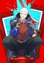 Rule 34 | 1boy, angry, black footwear, black gloves, black pants, blue coat, blue eyes, chair, clenched teeth, coat, devil may cry (series), devil may cry 5, fingerless gloves, full body, gloves, greatsword, highres, holding, holding sword, holding weapon, looking at viewer, male focus, nero (devil may cry), ogata tomio, over shoulder, pants, picture frame, pointing, pointing at viewer, prosthesis, prosthetic arm, red background, red queen (sword), red sweater, shoes, short hair, single glove, sleeves pushed up, solo, squatting, sweater, sword, teeth, water, weapon, white hair