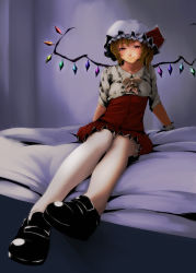 Rule 34 | 1girl, adapted costume, bad id, bad pixiv id, blonde hair, blush, bow, female focus, flandre scarlet, hat, hat ribbon, kirieppa, loafers, on bed, pantyhose, red eyes, ribbon, shoes, short hair, side ponytail, sitting, skirt, skirt set, smile, solo, touhou, white pantyhose, wings, wrist cuffs