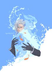 Rule 34 | 1boy, animal, artist name, black gloves, blue background, blue eyes, bright pupils, closed mouth, commentary, english commentary, fingernails, fish, gankedbyshipdom, genshin impact, gloves, hands up, highres, long sleeves, looking at viewer, male focus, multicolored hair, neuvillette (genshin impact), sharp fingernails, smile, solo, streaked hair, twitter username, water, white background