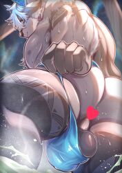Rule 34 | 1boy, absurdres, animal ears, ass, bara, bigfoot (housamo), bulge, censored, cow ears, feet out of frame, foreshortening, from above, from behind, furry, furry male, heart, heart censor, highres, large bulge, looking at viewer, male focus, male underwear, male underwear pull, minotaur, muscular, muscular male, nipples, osu (osumankokuou), paid reward available, short hair, smile, solo, testicle lift, thick thighs, thighs, tokyo houkago summoners, topless male, underwear, white fur, white hair