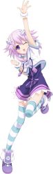 Rule 34 | 10s, 1girl, ;d, arm up, d-pad, dress, female focus, full body, hair ornament, highres, jacket, leg up, long sleeves, neptune (neptunia), neptune (series), one eye closed, open mouth, purple eyes, purple hair, short hair, simple background, smile, solo, standing, standing on one leg, striped clothes, striped thighhighs, thighhighs, track jacket, transparent background, white background, zettai ryouiki