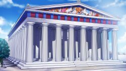 Rule 34 | absurdres, blue sky, cloud, column, commentary, day, english commentary, fresco, highres, lisistrata (visual novel), no humans, outdoors, parthenon, pillar, riabels, sky, temple, tree
