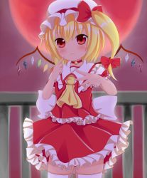 Rule 34 | 1girl, :c, ascot, asymmetrical hair, bad id, bad pixiv id, bell, blonde hair, bow, choker, flandre scarlet, full moon, hair bow, hat, hat bow, highres, looking at viewer, mob cap, moon, neck bell, nyt (nagane), puffy sleeves, red eyes, red moon, rinne (kouheiramia), sash, shirt, side ponytail, skirt, skirt set, solo, thighhighs, touhou, vest, white thighhighs, wings, zettai ryouiki