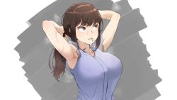 1girl adjusting_hair armpits arms_behind_head arms_up breasts brown_eyes brown_hair highres large_breasts long_hair original ponytail sleeveless solo sweat upper_body ushio_(tanatana)