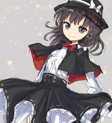 Rule 34 | 1girl, bad id, bad pixiv id, black bow, black capelet, bow, bowtie, braid, brown eyes, brown hair, capelet, coraman, fedora, grey background, hair bow, hat, hat bow, high-waist skirt, light particles, long sleeves, looking at viewer, medium skirt, petticoat, red bow, red bowtie, shirt, short hair, side braid, simple background, sketch, skirt, solo, touhou, usami renko, white bow, white shirt