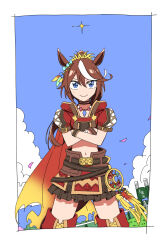 Rule 34 | animal ears, bow, cropped jacket, durindana 7, ear bow, high ponytail, highres, horse ears, horse girl, horse tail, jacket, official alternate costume, orange feathers, red jacket, tail, tokai teio (beyond the horizon) (umamusume), tokai teio (umamusume), umamusume