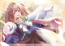 Rule 34 | 1girl, absurdres, bag, black dress, blonde hair, blue bag, blue eyes, blue shirt, blurry, blurry background, bow, collarbone, curly hair, dress, falling feathers, fate/grand order, fate (series), feathers, handbag, highres, long hair, marie antoinette (fate), open mouth, outstretched arms, pinafore dress, puffy sleeves, shirt, sleeveless, sleeveless dress, solo, sparkle, spread arms, totomiya, twintails, white bow