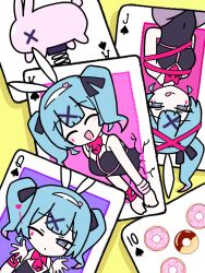 Rule 34 | 1girl, animal ears, bare shoulders, bdsm, black leotard, black ribbon, blue eyes, blue hair, bondage, bound, bow, bowtie, breasts, card, commentary, crack, cracked wall, doughnut, fake animal ears, food, hair ornament, hair ribbon, hairband, hands up, hatsune miku, heart, highres, leotard, long hair, medium breasts, multicolored hair, multiple views, necktie, one eye closed, parody, pink bow, pink bowtie, pink hair, pink necktie, pink pupils, pink ribbon, playboy bunny, playing card, poker, rabbit ears, rabbit hole (vocaloid), reaching, reaching towards viewer, ribbon, ribbon bondage, solo focus, spade (shape), spread fingers, spring (object), spring rider, strapless, strapless leotard, style parody, tanosii chan (style), teardrop facial mark, through wall, twintails, two-tone hair, upside-down, uzuki sena, white hairband, white wristband, x hair ornament, yellow background