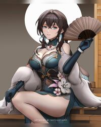 Rule 34 | 1girl, bare legs, bare shoulders, black hair, blue dress, blue eyes, blue gloves, chinese clothes, commentary request, dress, feather boa, folding fan, gloves, hand fan, hand up, highres, holding, holding fan, honkai: star rail, honkai (series), long hair, looking at viewer, notgustiarp, ruan mei (honkai: star rail), sitting, smile, solo, thighs