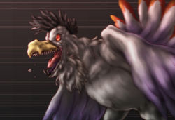 Rule 34 | artist request, bird, cockatrimon, digimon, digimon (creature), emphasis lines, gradient background, looking away, open mouth, red eyes, sharp teeth, simple background, teeth, tongue, tongue out, wings
