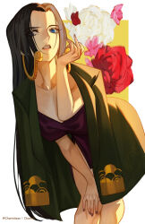 Rule 34 | 1girl, black hair, blue eyes, boa hancock, charmiisan, commentary, cowboy shot, dress, english commentary, flower, highres, hime cut, jacket, jacket on shoulders, long hair, looking to the side, one piece, purple dress, red flower, red rose, rose, solo, twitter username, white flower, white rose