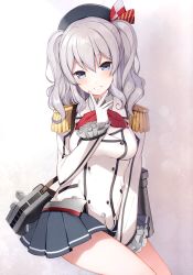 Rule 34 | 1girl, 6u (eternal land), :d, absurdres, anchor, beret, black skirt, blue eyes, blush, breasts, buttons, cowboy shot, epaulettes, frilled sleeves, frills, gloves, hat, heart, highres, kantai collection, kashima (kancolle), kerchief, long sleeves, looking at viewer, medium breasts, military, military uniform, miniskirt, neckerchief, open mouth, pleated skirt, sidelocks, silver hair, skirt, smile, solo, tsurime, twintails, uniform, wavy hair, white gloves