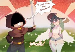 Rule 34 | 1boy, 1girl, bare shoulders, belt, birb (niniidawns), bird legs, blank eyes, blush, braid, breasts, brown hood, commentary, crop top, english commentary, english text, faceless, faceless male, feathered wings, feathers, grass, green hair, hair between eyes, harpy, hat, head wings, highres, holding, holding sword, holding weapon, hood, hood up, long hair, long sword, micro shorts, midriff, monster girl, navel, niniidawns, open mouth, original, outdoors, shaded face, shirt, shorts, small breasts, sparkle, straw hat, sword, twin braids, weapon, white feathers, white shirt, white wings, wide hips, wing ears, winged arms, wings