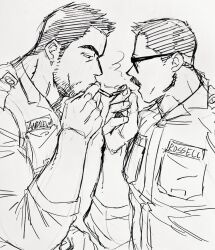 Rule 34 | 2boys, andrew (dickfish), bara, beard, billy russell (dickfish), character request, cigarette, cigarette kiss, dickfish (fishismdick), facial hair, from side, glasses, holding, holding cigarette, male focus, mature male, military, military uniform, multiple boys, muscular, muscular male, mustache, original, scan, short hair, sideburns, sketch, sleeves rolled up, smoking, stubble, thick eyebrows, traditional media, uniform
