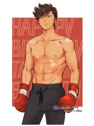 Rule 34 | 1boy, abs, black shorts, boxer, brown hair, hajime no ippo, highres, looking at viewer, male focus, muscular, muscular male, okntr, sendou takeshi, shorts, topless male