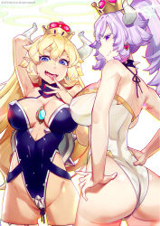 Rule 34 | 2girls, alternate color, alternate costume, alternate hairstyle, arm behind head, arm up, armpits, artist name, ass, back, bare shoulders, blonde hair, blue eyes, blue leotard, blue ribbon, blush, bowsette, bowsette (cosplay), breasts, chromatic aberration, cleavage, closed mouth, collar, colored eyelashes, cosplay, covered erect nipples, covered navel, cowboy shot, crotch plate, crown, dan evan, dated, earrings, fangs, fingernails, from side, gem, gluteal fold, groin, hair between eyes, hair down, hair up, hairband, halterneck, hand to own mouth, hands on own hips, heart, heart earrings, high ponytail, highleg, highleg leotard, hip focus, horns, jewelry, large breasts, leotard, light purple hair, light smile, long fingernails, long hair, looking at viewer, luigi&#039;s mansion, mario (series), md5 mismatch, multiple girls, naughty face, new super mario bros. u deluxe, nintendo, open mouth, parted bangs, pointy ears, ponytail, princess king boo, profile, purple eyes, purple hair, resolution mismatch, ribbon, sideboob, sideways mouth, simple background, smile, source larger, sparkle, spiked collar, spiked shell, spikes, standing, super crown, tongue, tongue out, turtle shell, turtleneck, very long hair, watermark, wavy hair, white background, white leotard