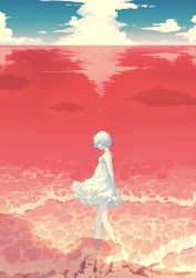 Rule 34 | 1girl, absurdres, ayanami rei, bare shoulders, beach, closed mouth, cloud, cloudy sky, day, dress, from side, full body, highres, horizon, lcl, looking down, neon genesis evangelion, ocean, red eyes, senkyou, shore, short hair, sky, sleeveless, solo, walking, water, waves, waving, white dress, white hair