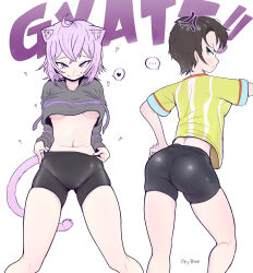 Rule 34 | ..., 2girls, :3, :t, absurdres, ahoge, anger vein, animal ear fluff, animal ears, artist name, ass, bike shorts, black hair, black shirt, black shorts, breasts, cat ears, cat tail, cowboy shot, crossed bangs, fang, from behind, gluteal fold, hand on own hip, heart, highres, hololive, large breasts, long sleeves, looking at viewer, multiple girls, navel, nekomata okayu, nekomata okayu (1st costume), oozora subaru, oozora subaru (1st costume), pout, purple hair, rey rene, shirt, short hair, short sleeves, shorts, simple background, skin tight, skindentation, spoken ellipsis, spoken heart, tail, thighhighs, thighs, tsurime, underboob, undressing, v-shaped eyebrows, virtual youtuber, white background, yellow shirt