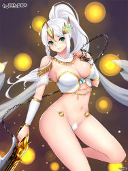 Rule 34 | 1girl, blush, breasts, chain, cleavage, closed mouth, cowboy shot, dungeon and fighter, female gunner (dungeon and fighter), green eyes, gun, headgear, holding, holding gun, holding weapon, large breasts, long hair, looking at viewer, navel, panties, ponytail, revealing clothes, shaojiang, shawl, sidelocks, smile, solo, stomach, underwear, vambraces, weapon, white hair, white panties