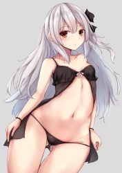 Rule 34 | 1girl, babydoll, bare arms, bare shoulders, black babydoll, black panties, black ribbon, breasts, brown eyes, closed mouth, collarbone, commentary request, gluteal fold, grey background, grey hair, groin, hair between eyes, hair ribbon, highres, kashiwagi yamine, long hair, navel, original, panties, ribbon, simple background, small breasts, solo, thigh gap, underwear, underwear only, very long hair