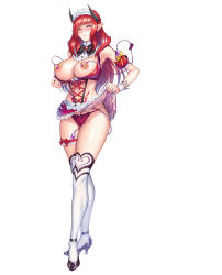 Rule 34 | alektra, breasts, cape, character request, commentary request, highres, horns, maid, pointy ears, red eyes, red hair, taimanin (series), taimanin asagi, taimanin rpgx, thighs, tiara, zol