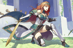 Rule 34 | 1girl, absurdres, black gloves, black skirt, black thighhighs, breasts, celica (fire emblem), cleavage, column, commission, dress, elbow gloves, fingerless gloves, fire emblem, fire emblem echoes: shadows of valentia, fire emblem heroes, gloves, grass, green hairband, hairband, highres, holding, holding sword, holding weapon, long hair, metal hairband, mytea (soso), nintendo, official alternate costume, open hand, open mouth, orange eyes, orange hair, panties, pillar, skeb commission, skirt, small breasts, solo, stairs, strapless, strapless dress, sword, thighhighs, underwear, weapon, white dress, white panties