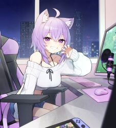 Rule 34 | 1girl, absurdres, ahoge, akuto (akuto desu), alternate costume, animal ear fluff, animal ears, breasts, cat ears, cat girl, cat tail, chair, cityscape, claw pose, cleavage, computer, crop top, denim, denim shorts, desk, gaming chair, hair between eyes, highres, hololive, indoors, keyboard (computer), long sleeves, looking at viewer, medium breasts, microphone, midriff, monitor, mouse (computer), nekomata okayu, nintendo switch, off-shoulder sweater, off shoulder, on chair, purple eyes, purple hair, ribbon, short hair, shorts, sitting, sleeves past wrists, smile, solo, spaghetti strap, sweater, swivel chair, tail, virtual youtuber, window
