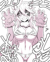 Rule 34 | 1girl, animal ears, animal hands, animal print, bikini, black general, blush, bow, breasts, claw pose, cleavage, commentary request, eyepatch, fur-trimmed gloves, fur collar, fur trim, gloves, greyscale, hair between eyes, hands up, highres, jin (mugenjin), large breasts, looking at viewer, monochrome, navel, new year, paw gloves, sharp teeth, signature, smile, solo, striped tail, swimsuit, tail, teeth, tiger ears, tiger print, tiger tail, translation request, zannen onna-kanbu black general-san