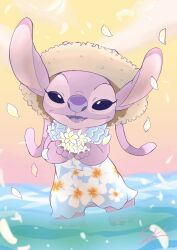 Rule 34 | absurdres, angel (lilo &amp; stitch), antennae, dress, experiment (lilo and stitch), floral print, flower, hat, highres, holding, holding flower, lilo &amp; stitch, looking at viewer, m ssk626, no humans, partially submerged, petals, pink fur, print dress, signature, solo, stitch!, straw hat, water, white flower