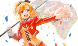 Rule 34 | 10s, 1girl, blue eyes, blush, bow, bowtie, confetti, earrings, flag, fukutarou (enji127), hair bow, holding, jacket, jewelry, kosaka honoka, long sleeves, looking at viewer, love live!, love live! school idol project, open mouth, orange hair, outstretched arm, short hair, side ponytail, simple background, skirt, smile, solo, teeth, white background