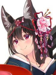 Rule 34 | 1girl, alcohol, animal ears, bad id, bad twitter id, black hair, blush, close-up, collarbone, cup, fang, fang out, flower, fox ears, fox girl, hair between eyes, hair flower, hair ornament, japanese clothes, kanzashi, kimono, kimono pull, long hair, looking to the side, navy (navy.blue), original, pink flower, red eyes, sakazuki, sake, simple background, smile, solo, upper body, white background