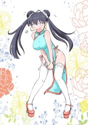 Rule 34 | 1girl, alternate hairstyle, anger vein, antenna hair, bare shoulders, black hair, blue dress, blush, bow, breasts, china dress, chinese clothes, double bun, dress, earrings, embarrassed, fang, floral background, full body, ganaha hibiki, hair bow, hair bun, high heels, highres, holding, hoop earrings, idolmaster, idolmaster (classic), idolmaster million live!, idolmaster million live! theater days, jewelry, long hair, medium breasts, open mouth, pelvic curtain, pigeon-toed, red ribbon, ribbon, ribbon-trimmed dress, side slit, sleeveless, sleeveless dress, solo, standing, teardrop, the end of chun, thighhighs, twintails, v arms, white background, white bow, white thighhighs