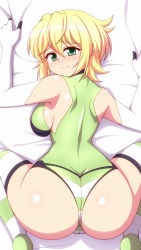 Rule 34 | 1girl, akatsuki kirika, ass, bed sheet, blonde hair, blush, breasts, cameltoe, closed mouth, from above, from behind, green eyes, leotard, looking at viewer, looking back, medium breasts, pillow, pillow grab, senki zesshou symphogear, shiny skin, short hair, smile, solo, striped clothes, striped thighhighs, thighhighs, zetsumu