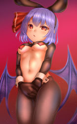 Rule 34 | 1girl, animal ears, bat wings, breasts, covered erect nipples, cropped jacket, detached collar, fake animal ears, highres, light purple hair, looking at viewer, maebari, meme attire, midriff, navel, open mouth, pasties, rabbit ears, red eyes, remilia scarlet, revealing clothes, reverse bunnysuit, reverse outfit, short hair, shounen (hogehoge), stomach, sweat, thighhighs, touhou, wings, wrist cuffs
