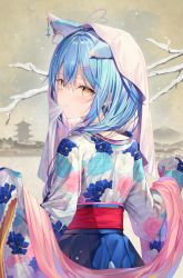 Rule 34 | 1girl, ahoge, animal ears, architecture, blue hair, blush, branch, breasts, cat, cat ears, cat girl, cat tail, commentary request, earrings, east asian architecture, expressionless, floral print, from behind, hair between eyes, hair ornament, hair over shoulder, hairclip, heart, heart ahoge, highres, hololive, hood, japanese clothes, jewelry, kemonomimi mode, kimono, long hair, long sleeves, looking at viewer, looking back, mountain, mouth hold, new year, obi, outdoors, pointy ears, print kimono, rin yuu, sash, shawl, sidelocks, single earring, sleeves past fingers, sleeves past wrists, snow, snowing, solo, tail, virtual youtuber, wide sleeves, yellow eyes, yukata, yukihana lamy, yukihana lamy (new year)